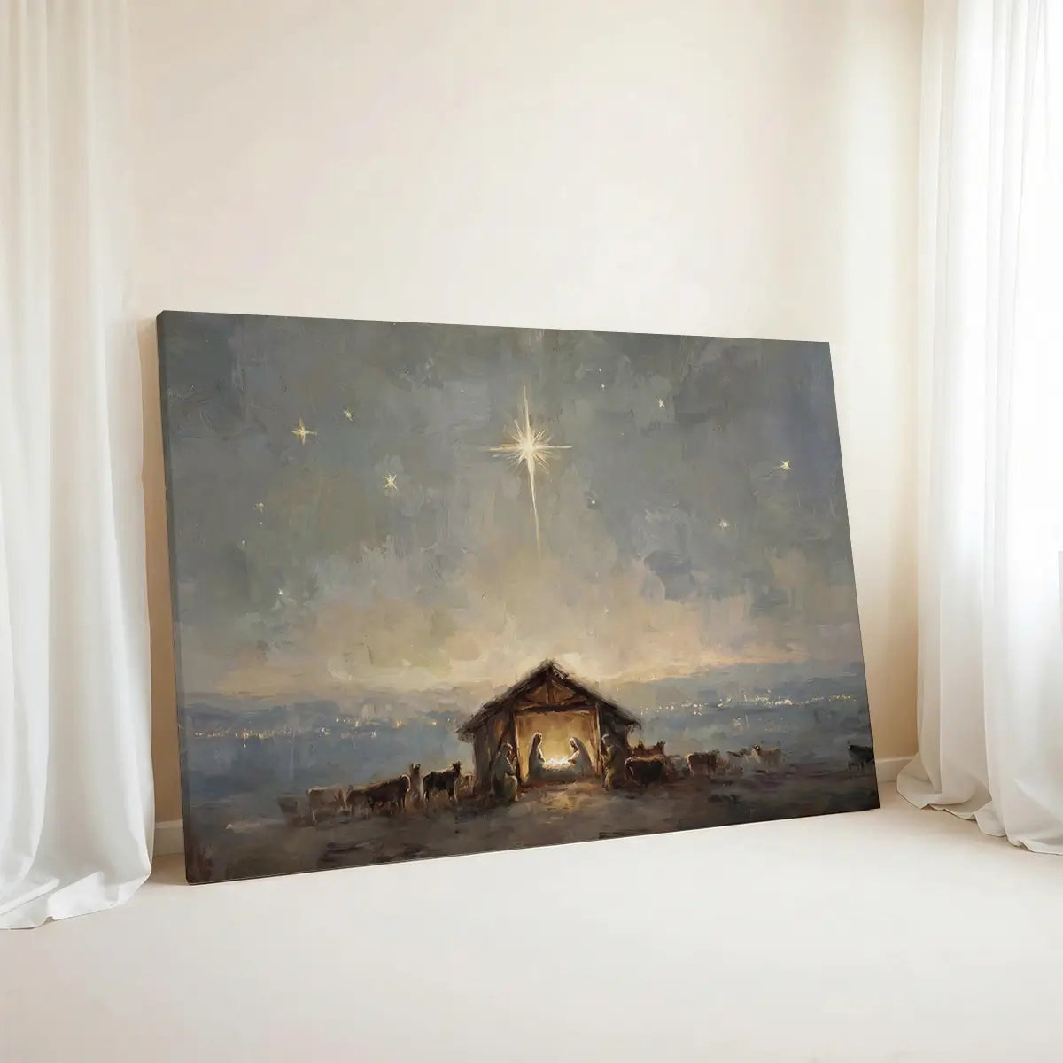 Starry birth of Jesus Christian canvas art depicting the nativity under the night sky