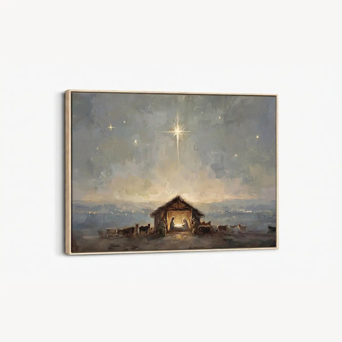 Starry birth of Jesus Christian canvas art depicting the nativity under the night sky