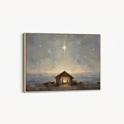 Starry birth of Jesus Christian canvas art depicting the nativity under the night sky