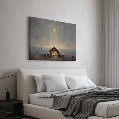 Starry birth of Jesus Christian canvas art depicting the nativity under the night sky