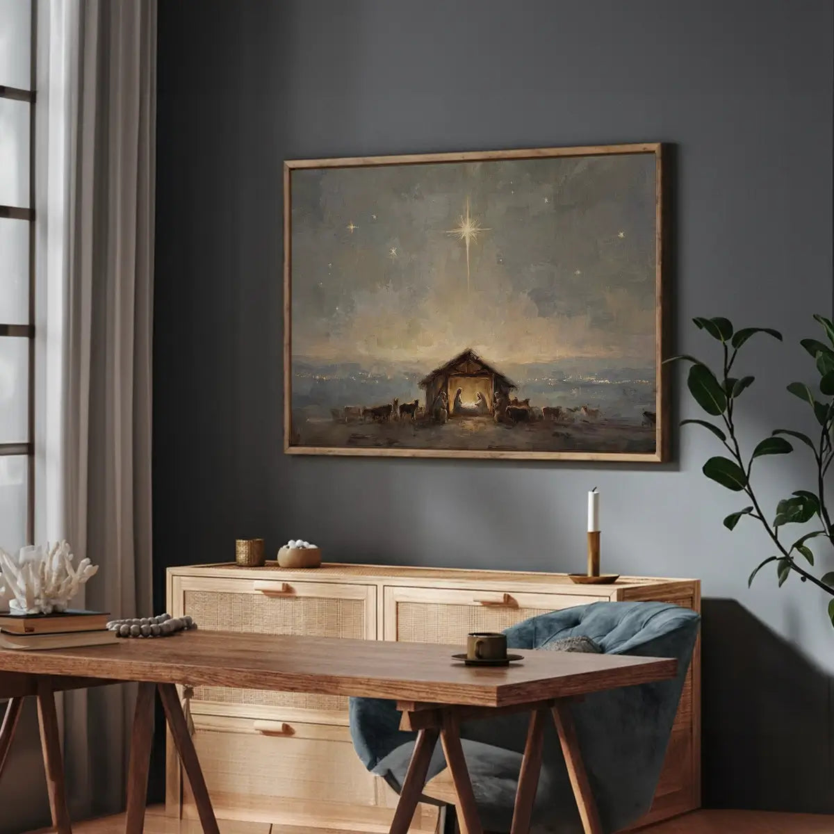 Starry birth of Jesus Christian canvas art depicting the nativity under the night sky