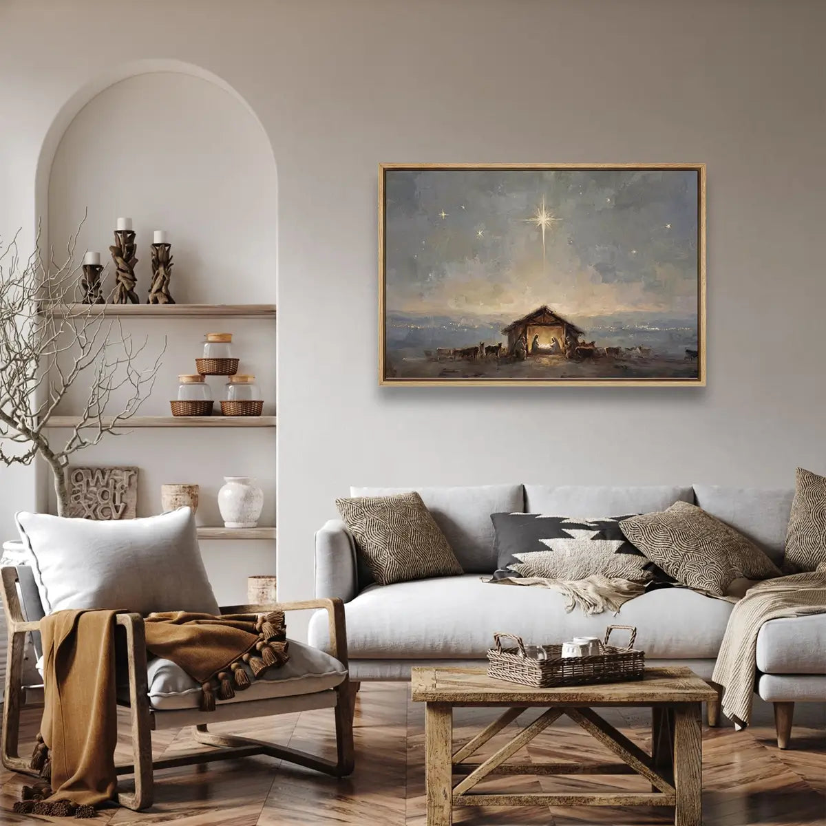 Starry birth of Jesus canvas wall art displayed in a peaceful living room