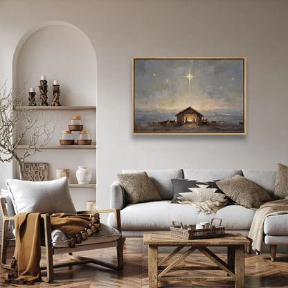 Starry birth of Jesus canvas wall art displayed in a peaceful living room
