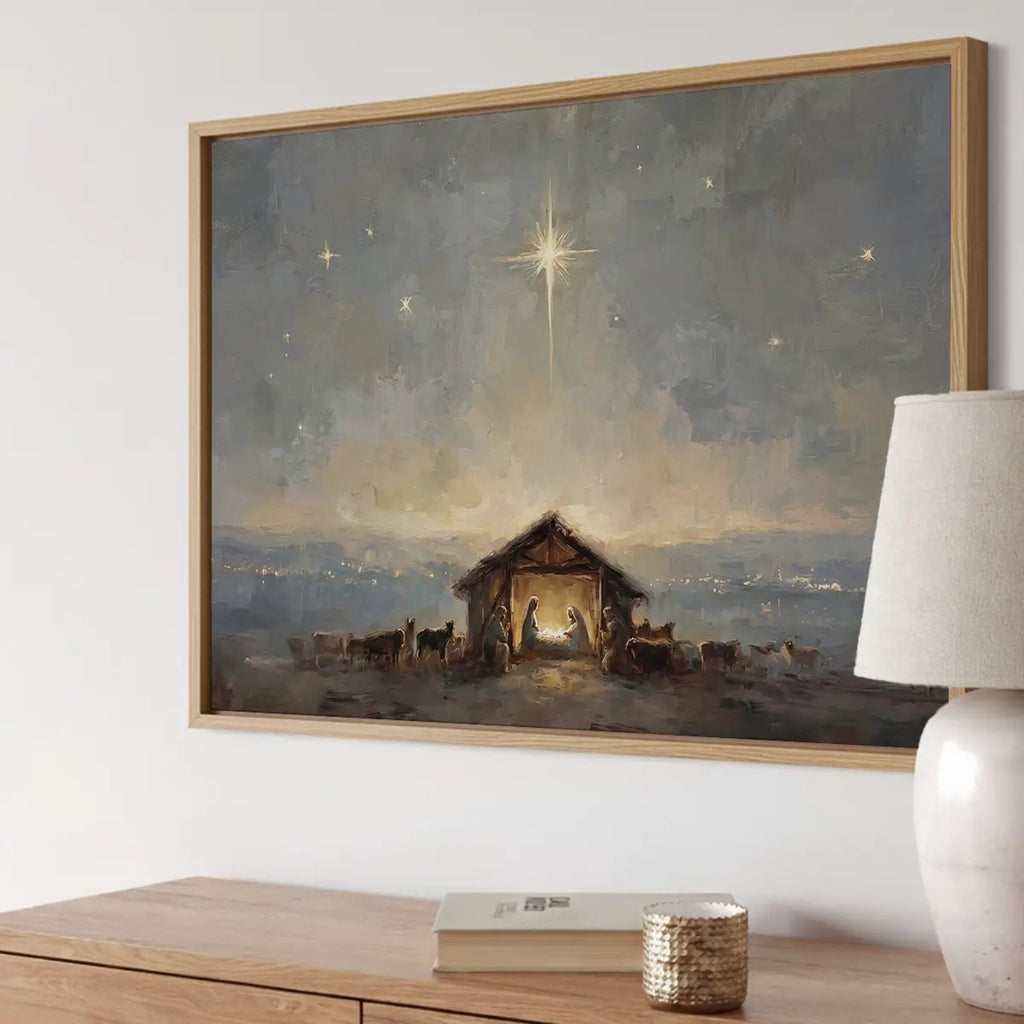 Starry birth of Jesus Christian canvas art depicting the nativity under the night sky
