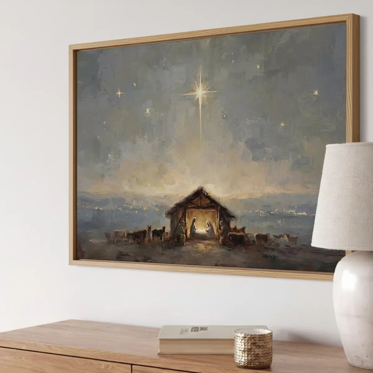 Starry birth of Jesus Christian canvas art depicting the nativity under the night sky