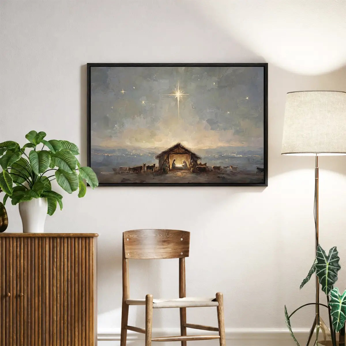 Starry birth of Jesus Christian canvas art depicting the nativity under the night sky