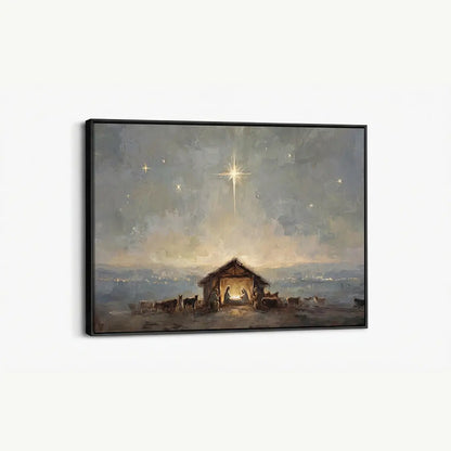 Starry birth of Jesus Christian canvas art depicting the nativity under the night sky