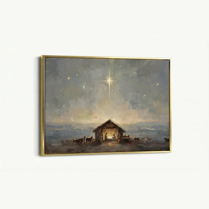 Starry birth of Jesus Christian canvas art depicting the nativity under the night sky