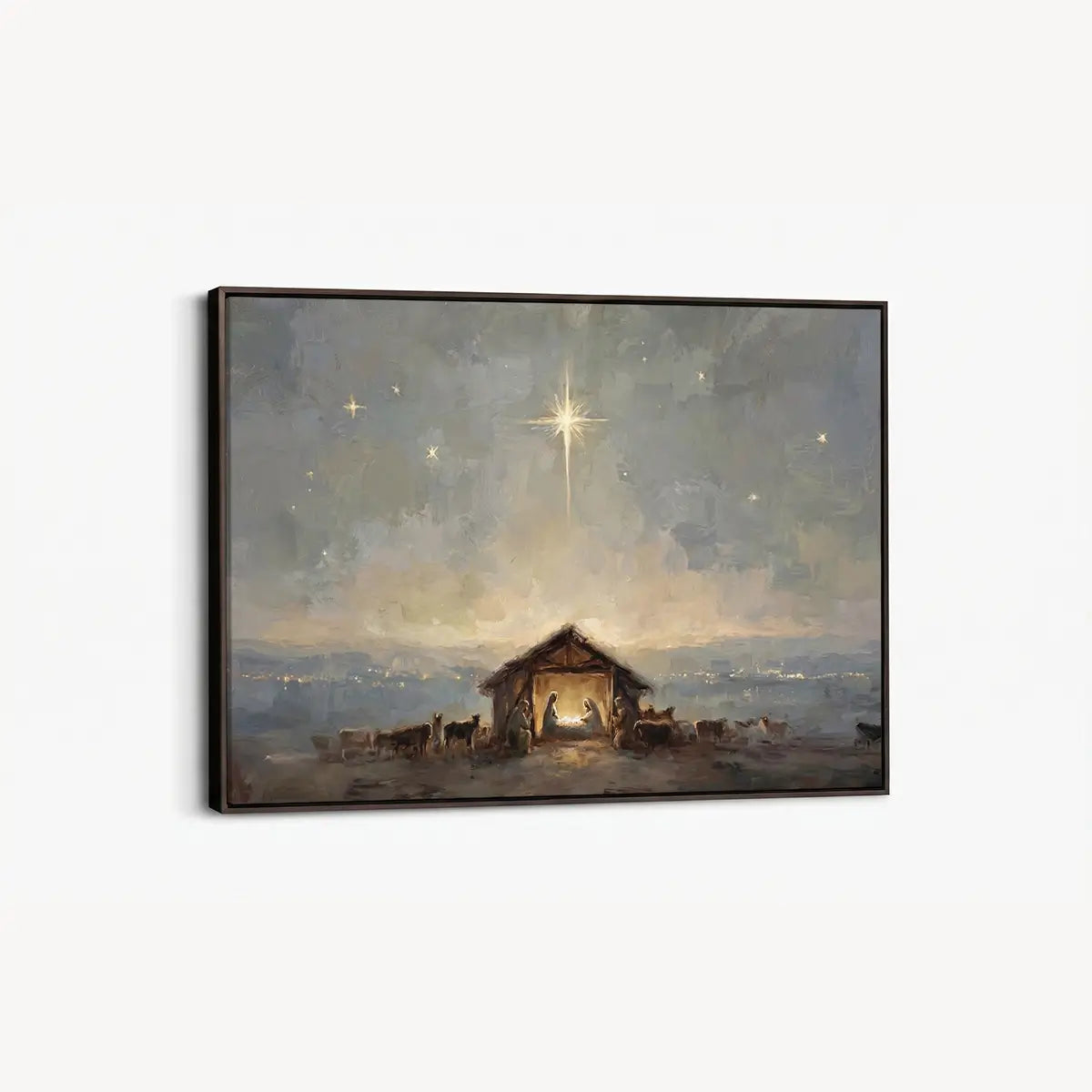 Starry birth of Jesus Christian canvas art depicting the nativity under the night sky