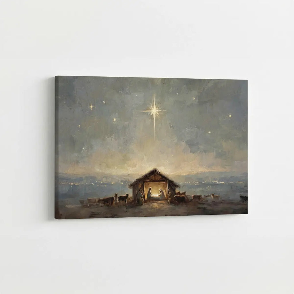 Starry birth of Jesus Christian canvas art depicting the nativity under the night sky