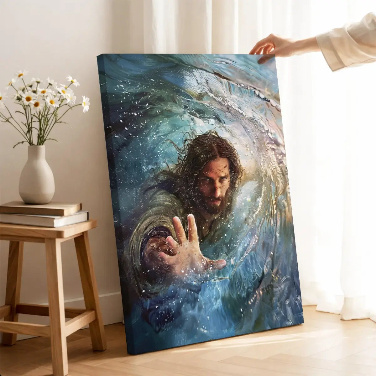 The Hand of God Christian canvas art showing God reaching through the storm