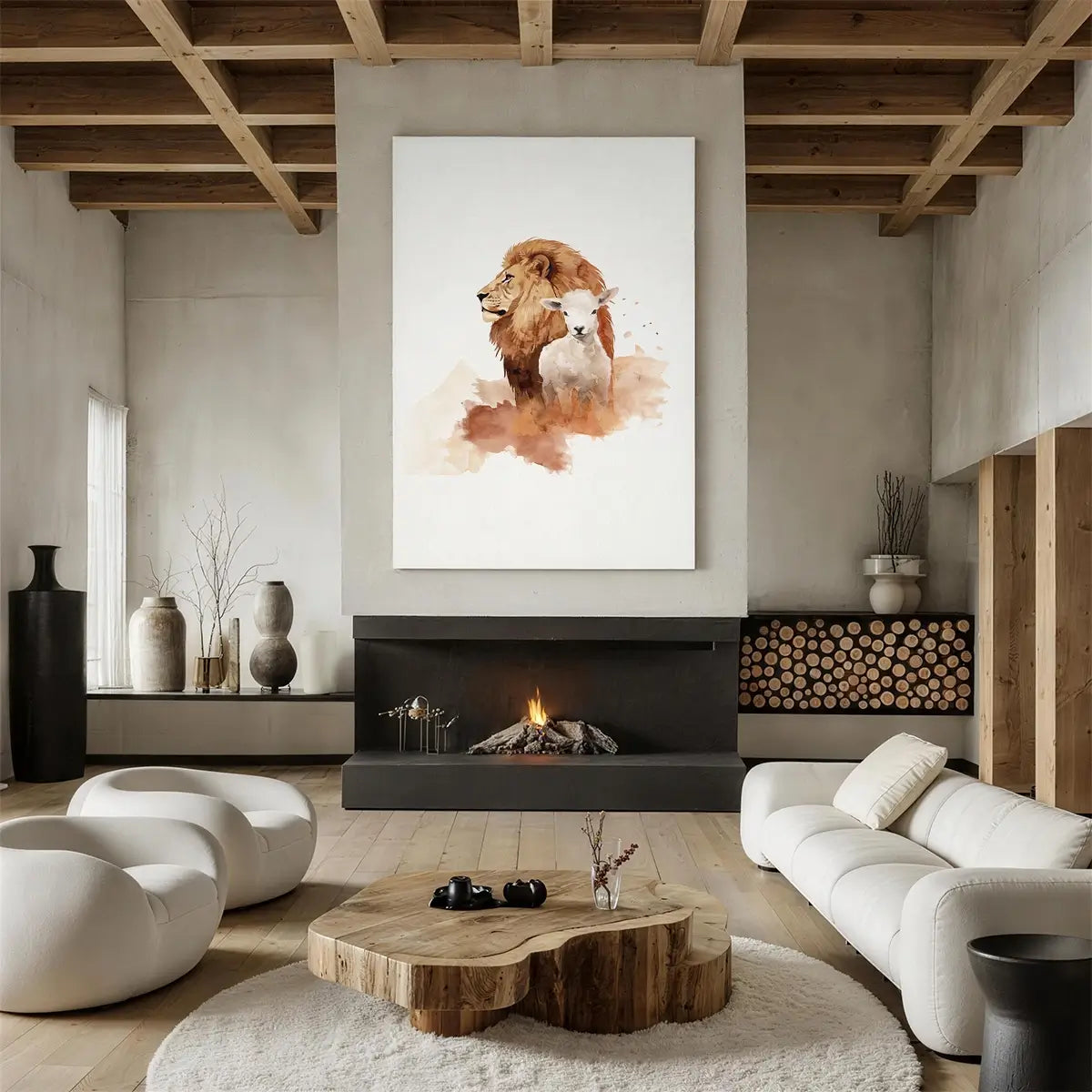 Lion and the Lamb Christian wall art displayed in a peaceful living room
