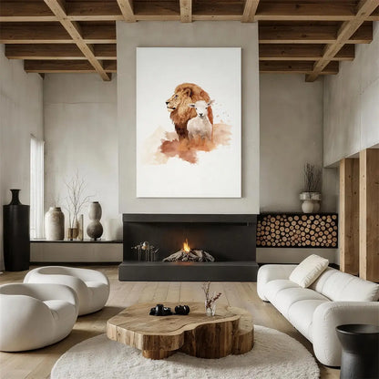 Lion and the Lamb Christian wall art displayed in a peaceful living room