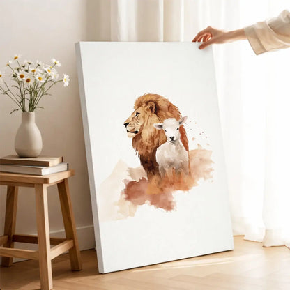 The Lion and the Lamb Christian canvas art symbolizing peace and redemption