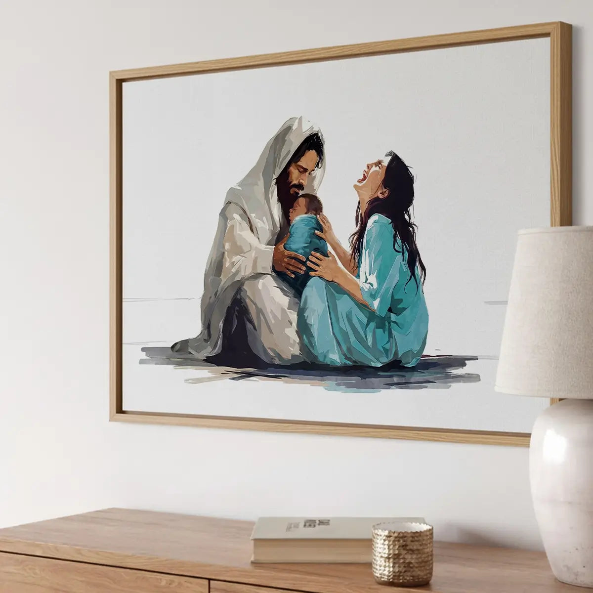 The Lord Holds My Heart Christian canvas art showing Jesus offering comfort and care