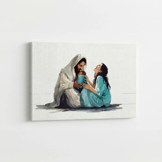 The Lord Holds My Heart Christian canvas art showing Jesus offering comfort and care