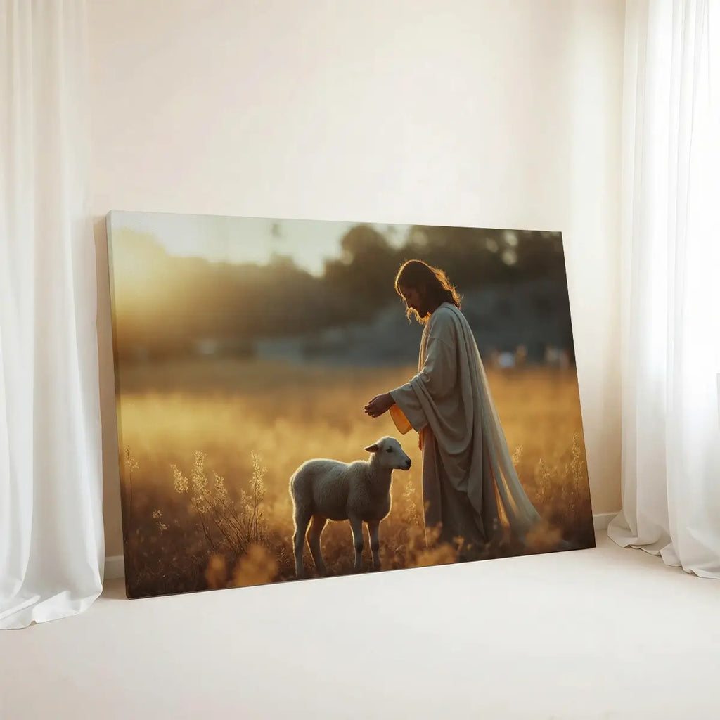 The Shepherd and the Lamb Christian canvas art showing Jesus gently guiding the lamb