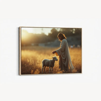 The Shepherd and the Lamb Christian canvas art showing Jesus gently guiding the lamb