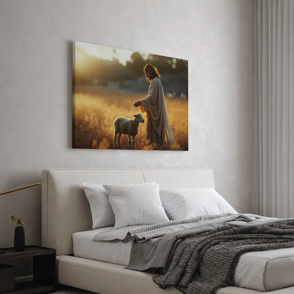 The Shepherd and the Lamb Christian canvas art showing Jesus gently guiding the lamb
