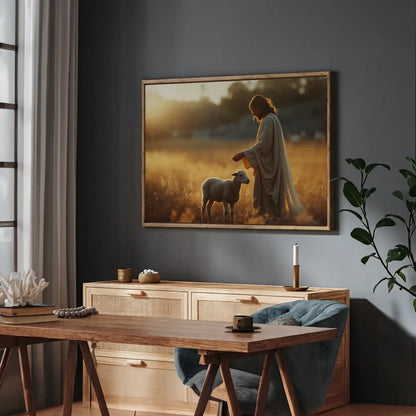 The Shepherd and the Lamb Christian canvas art showing Jesus gently guiding the lamb
