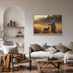 Good Shepherd Christian wall art displayed in a warm living room