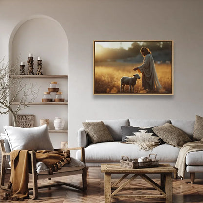 Good Shepherd Christian wall art displayed in a warm living room