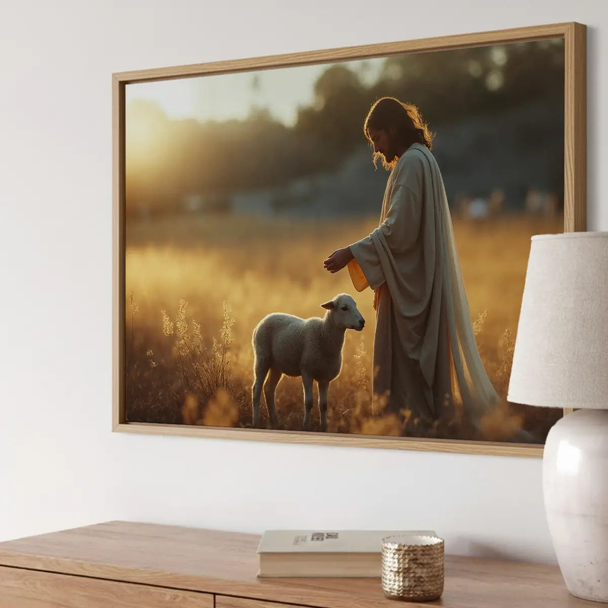 The Shepherd and the Lamb Christian canvas art showing Jesus gently guiding the lamb