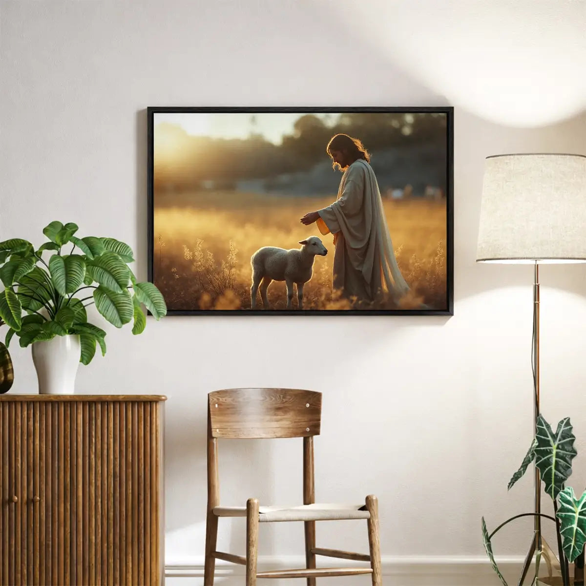 The Shepherd and the Lamb Christian canvas art showing Jesus gently guiding the lamb
