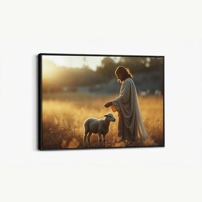 The Shepherd and the Lamb Christian canvas art showing Jesus gently guiding the lamb