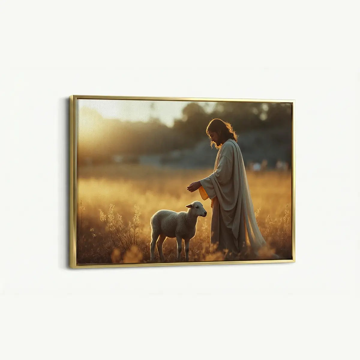The Shepherd and the Lamb Christian canvas art showing Jesus gently guiding the lamb