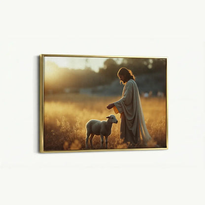The Shepherd and the Lamb Christian canvas art showing Jesus gently guiding the lamb