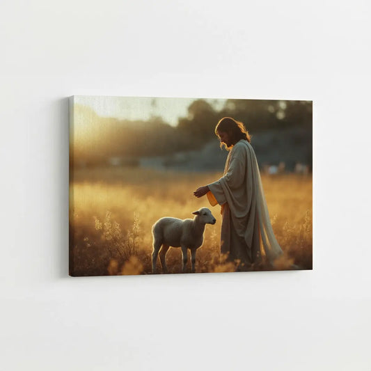 The Shepherd and the Lamb Christian canvas art showing Jesus gently guiding the lamb