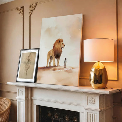 Under the Lion’s Protection Christian canvas art showing a child beside a lion