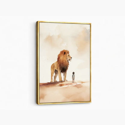 Under the Lion’s Protection Christian canvas art showing a child beside a lion
