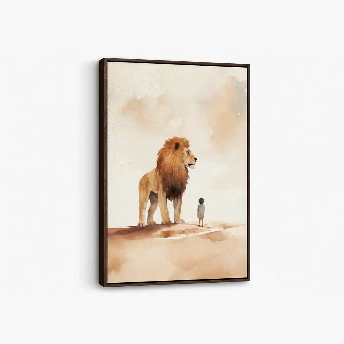 Under the Lion’s Protection Christian canvas art showing a child beside a lion