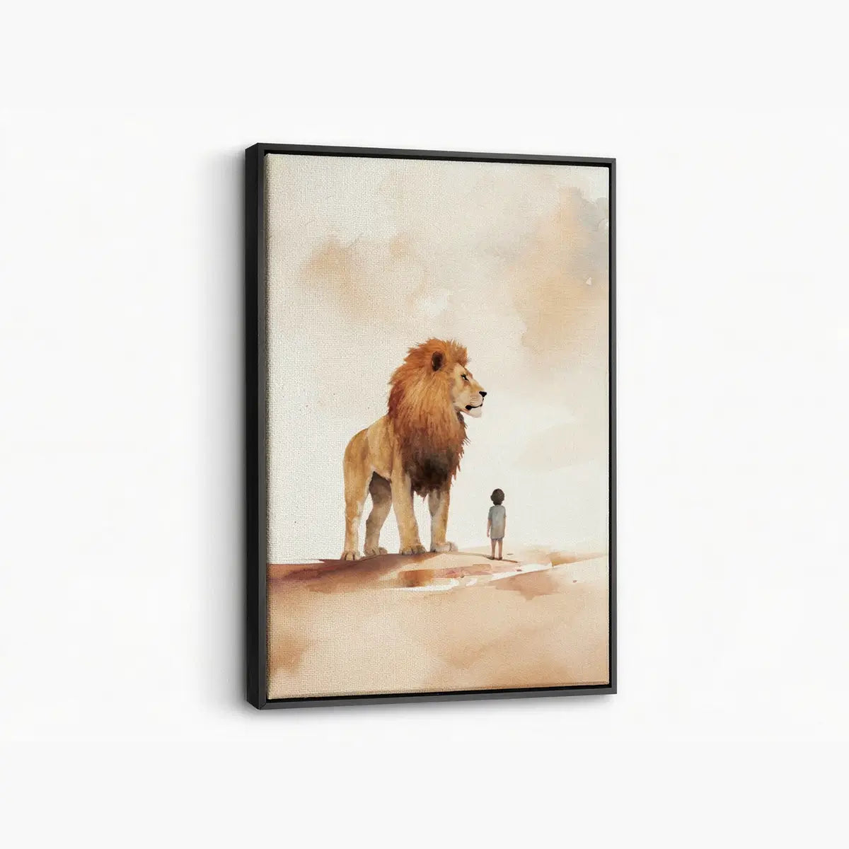Under the Lion’s Protection Christian canvas art showing a child beside a lion
