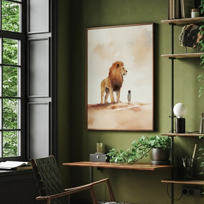 Under the Lion’s Protection Christian canvas art showing a child beside a lion