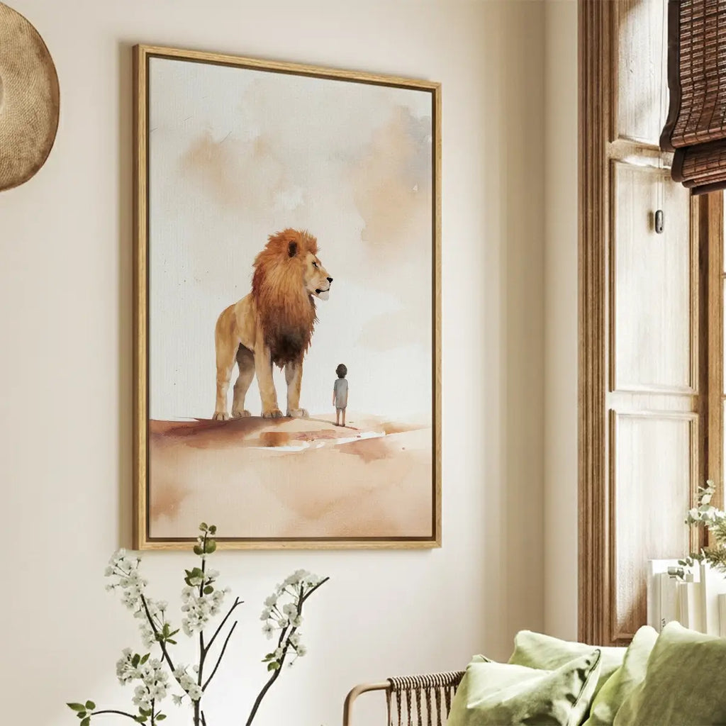 Under the Lion’s Protection Christian canvas art showing a child beside a lion