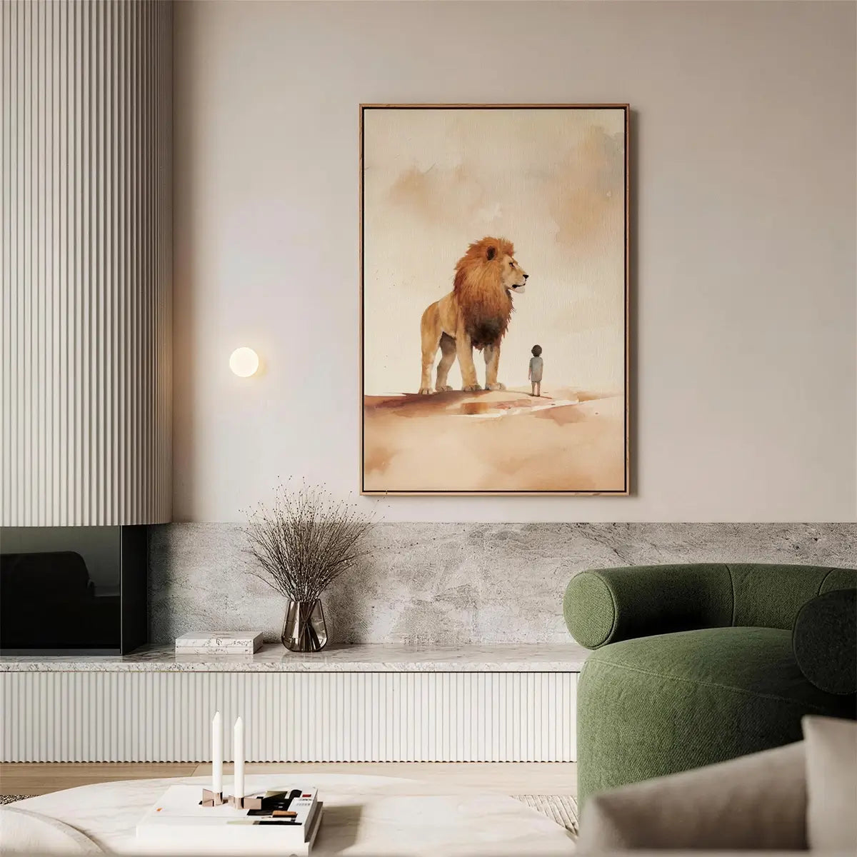 Under the Lion’s Protection Christian canvas art showing a child beside a lion
