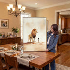 Under the Lion’s Protection Christian canvas art showing a child beside a lion