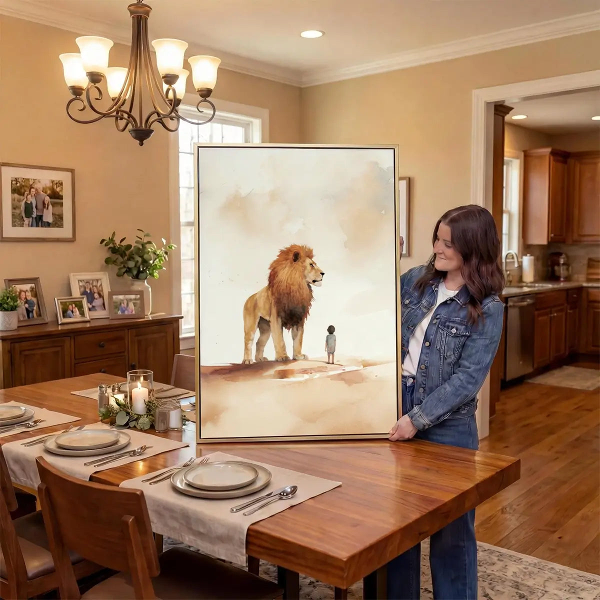 Under the Lion’s Protection Christian canvas art showing a child beside a lion