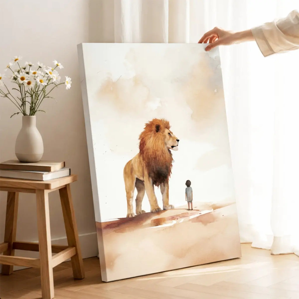 Under the Lion’s Protection Christian canvas art showing a child beside a lion