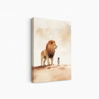 Under the Lion’s Protection Christian canvas art showing a child beside a lion