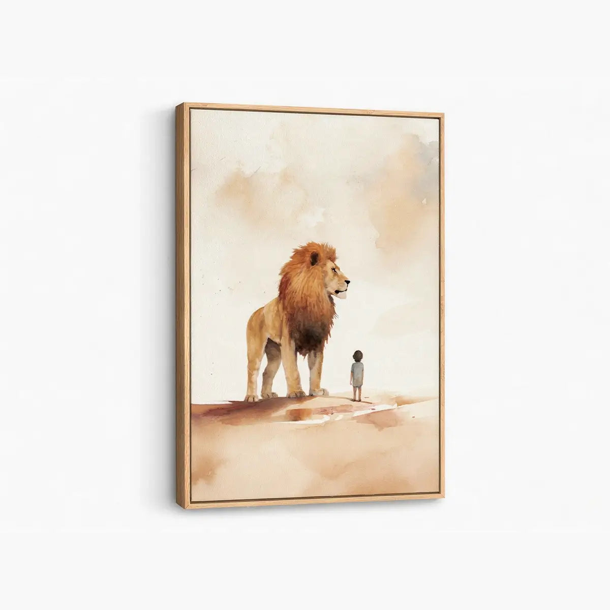 Under the Lion’s Protection Christian canvas art showing a child beside a lion