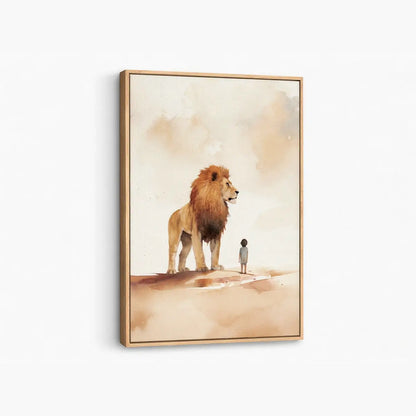 Under the Lion’s Protection Christian canvas art showing a child beside a lion