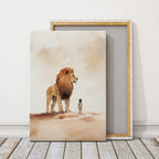 Under the Lion’s Protection Christian canvas art showing a child beside a lion