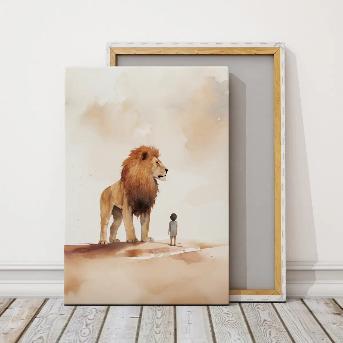 Under the Lion’s Protection Christian canvas art showing a child beside a lion