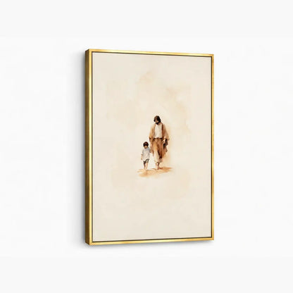 Walking with Jesus Christian canvas art showing Jesus holding a child’s hand
