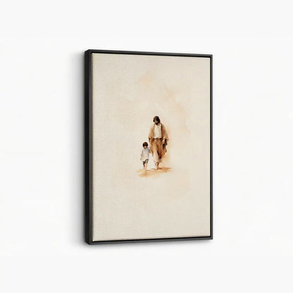 Walking with Jesus Christian canvas art showing Jesus holding a child’s hand