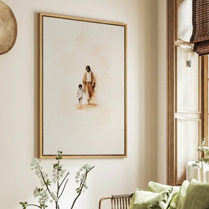 Walking with Jesus Christian canvas art showing Jesus holding a child’s hand